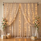 20x10FT Dark Champagne Wrinkle Free Backdrop Curtains with Lights String for Parties - Photo Curtain Backdrop with Lights for Wedding Decorations, Bridal Baby Shower Birthday Party Photography by WishCare