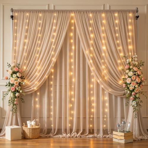 20x10FT Dark Champagne Wrinkle Free Backdrop Curtains with Lights String for Parties - Photo Curtain Backdrop with Lights for Wedding Decorations, Bridal Baby Shower Birthday Party Photography by WishCare