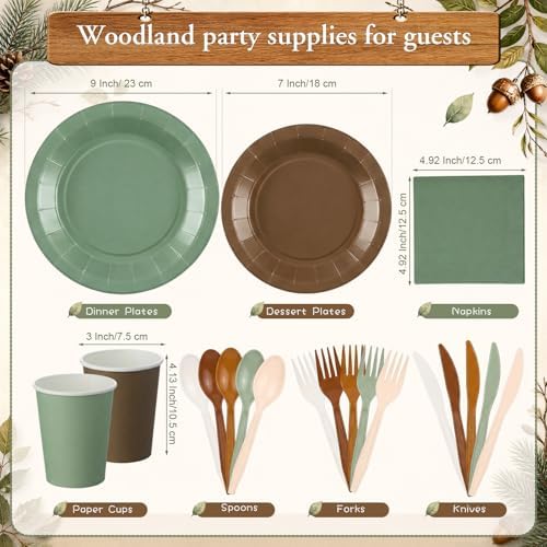 Mimorou 175 Pcs Green Brown Plates Cups Napkins Utensils Woodland - Image 3