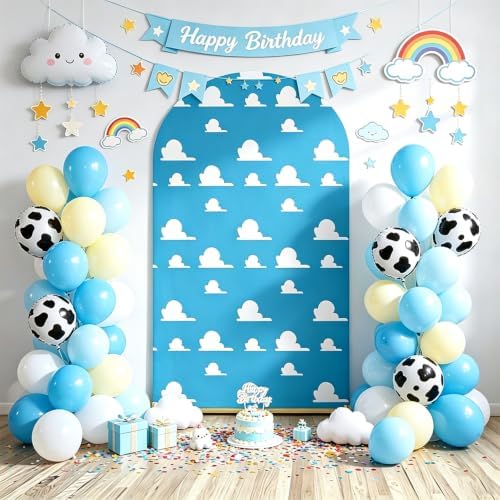 Arch Backdrop Cover Blue Sky White Clouds Toy Theme Party Chiara Arch Backdrop Cover Stretch Spandex Arch Frame Cover for Baby Shower boy Birthday Party Photo Booth Decorations (7.2FT) - Image 3