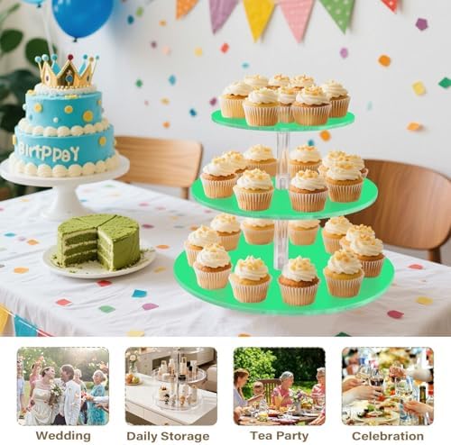 J JOYSAY Bright Green Pattern Acrylic Cupcake Stand 3 Tier Dessert Table Display Set Clear Cake Stands for Wedding Baby Shower Party Decorations Easy Assembly Donut Tower - Image 7