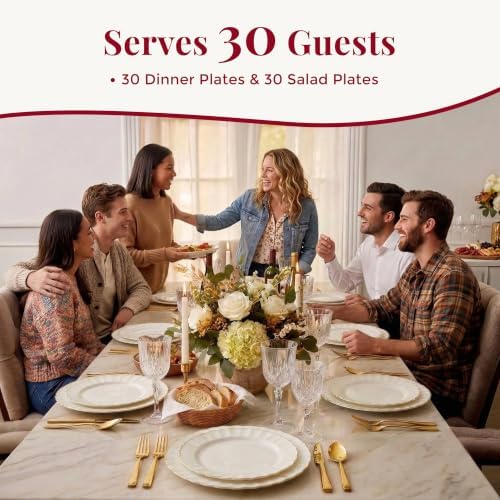 By Madee HEAVYWEIGHT Ivory Gold Scalloped Disposable Plates for Party 60 Pc - Image 5