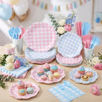 Funnymoom 452 Pcs Gender Reveal Gingham Party Decoration for 50, Pink and Blue Gingham Checkered Paper Plates Napkins Cups Tablecloth Cutlery Straws for Gender Reveal Baby Shower Party Supplies - Image 6