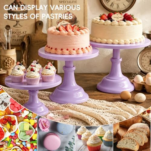 3 PCS Purple Round Cake Stand Set, Multi Size Metal Cupcake Holders Stand for Birthday Wedding Banquets, Pastry Display Holders for Holiday Party Dessert Display Table Decor (8"/10"/12" Plate) - Image 3