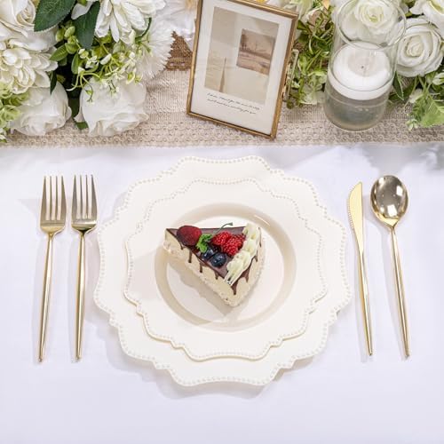 COLOSUS 60PCS Ivory Plastic Plates, Beaded Plates for Wedding Reception. - Image 2