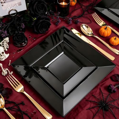 Liacere100PCS Black Plastic Plates-Premium Black Square Disposable Plates-Include 50PCS 9.5inch Dinner Plates - 50PCS 6inch Dessert Plates for Party & Wedding - Image 3
