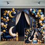 12 x 10 ft Navy Blue Starry Night Backdrop Gold Moon Stars Balloons Night Sky Curtain Theme Photography Background Galaxy Star Baby Shower Birthday Newborn Portrait Photo Booth Decor by Unknown