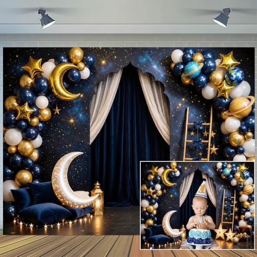12 x 10 ft Navy Blue Starry Night Backdrop Gold Moon Stars Balloons Night Sky Curtain Theme Photography Background Galaxy Star Baby Shower Birthday Newborn Portrait Photo Booth Decor by Unknown