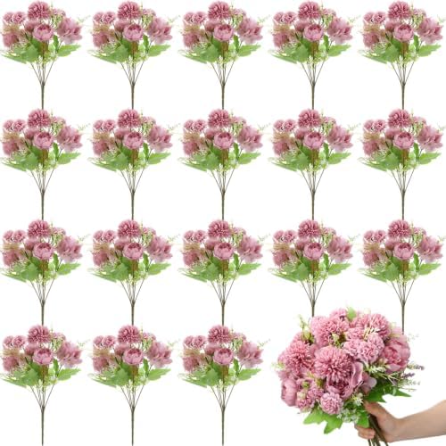 Tigeen 24 Bundles Artificial Flowers Bouquet Silk Peonies, Dusty Purple by Tigeen