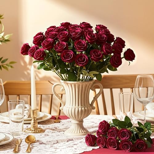 Auihiay 60PCS Burgundy Artificial Roses Bulk, Velvet Silk Fake Roses - Image 3