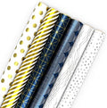 Hallmark Bulk Wrapping Paper Rolls for Birthday, Wedding, Graduation – Blue Metallic Gift Wrap Paper (Set of 6 Rolls: 180 Square Feet Total) Silver Stars, Gold Dots, Stripes, Navy by Hallmark