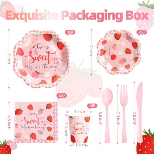 Strawberry Baby Shower Decorations for Girl, Baby Shower Plates and Cups and Napkins Sets Serves 50, Strawberry Plates, A Berry Sweet baby Is On The Way Decorations, Berry Sweet baby shower - Image 2