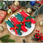 50 Set Christmas Red and Green Pre Rolled Silverware Gold Plastic Cutlery with Napkins Disposable Utensils with Bell Bow for Xmas Holiday Dinner Party Decorations - Image 4