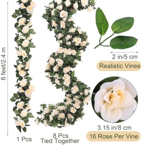Aneco 8 Pack 64 FT Cream Flower Garland Artificial Rose Vines Roses Fake Vine Flowers Plants Party Supplies for Holiday Wedding Garden Craft Art Decoration - Image 2