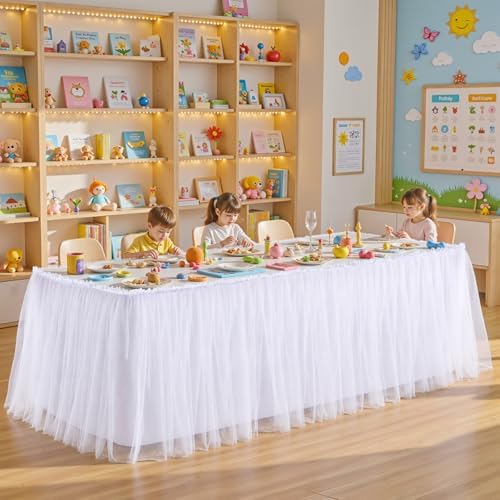 17FT Long White Tulle Table Skirt for Rectangle Round Tables 3-Layer Ruffle Desk Teacher Skirt for Back to School Supplies Princess Girls Birthday Party Cake Dessert Classroom Dorm Decor by Partisky