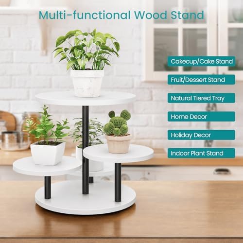 ELITEROO 4 Tiered Wooden Cupcake Stand, Round cake and cupcake stand combo with serving Tray, 360°Rotating Dessert Tower for Pie Table Display Rack for Wedding Birthday Baby Shower Tea Party, White - Image 3