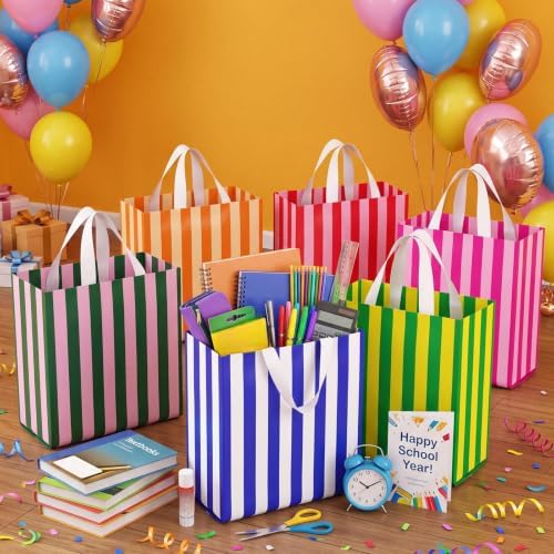 Crtiin 100 Pcs Plastic Striped Gift Bags with Handles, Light color - Image 3