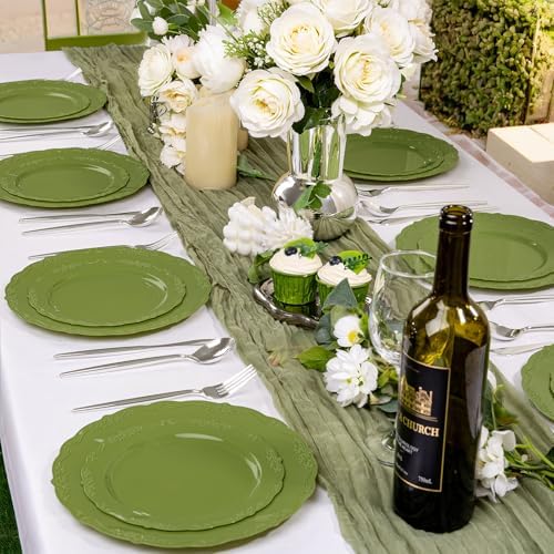 U-QE 100PCS Olive Green Plastic Plates - Plastic Green Plates Disposable - Image 3
