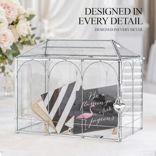 Glass Cards Box with Slot & Lock - 10.2" x 5.9" x 8" Vintage Geometric, Wedding Receptions, Home Reception, Tabletop Decor, Christmas Party, Silver - Slot Length 6.1 Inches - Image 2