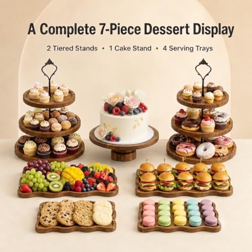 7-Piece Acacia Wood Dessert Table Display Set with 4 Wavy Trays - Image 2
