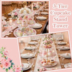 Lallisa Pink Floral Party 3 Tier Dessert Stand 10", 9" and 7" Ceramic Serving Tray Dessert Cupcake Display Holder Tower for Wedding Baby Bridal Shower Tea Party Decoration - Image 5