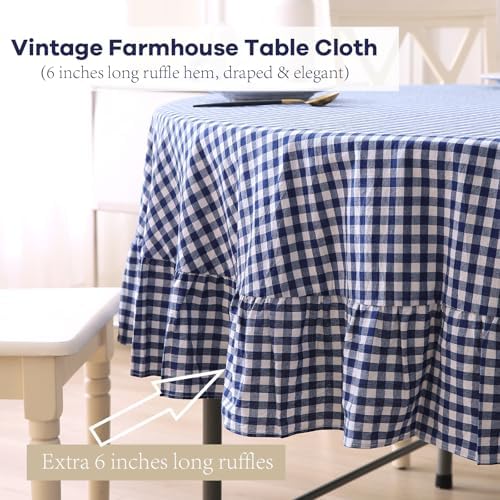 Navy Blue White Gingham Tablecloth Round Dia.90” - Image 4