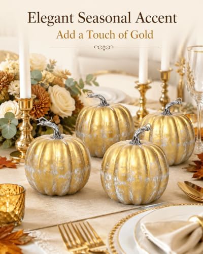 vensovo 6 Inch Distressed Gold Artificial Pumpkins, 4 Pack - Image 2