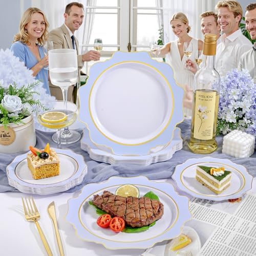 WDF 100PCS Blue Plastic Plates - Light Blue Plates Disposable - Heavy Duty Scalloped Plastic Plate for Parties/Wedding/Baby Shower - Image 4