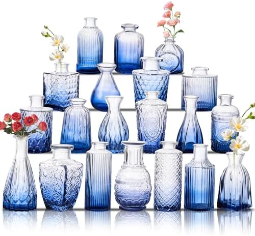 Glass Bud Vase Set of 20, Small Flower Vases, Glass Vases for Centerpieces, Vintage Home Table Decorations Bud Vases (20 Pcs, Blue) by BJONKZ