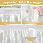Wish Care 14ft White Sequin Table Skirt for Rectangle Tables Glitter Curly Willow Tutu Skirt Ruffle Table Cloth Desk Skirts for Wedding Birthday Baby Shower Party Banquet Table Skirting Decorations - Image 4