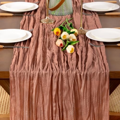 Dusty Rose Cheesecloth Table Runner Boho Wrinkled Gauze Table Runners - Image 2