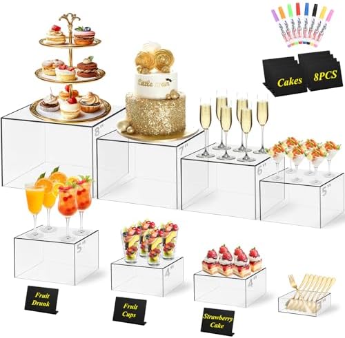 8 Pcs Clear Acrylic Buffet Risers with Mini Sign and Maker,Buffet Risers and Stands Clear Food Display Risers for Buffet Table Party Catering Dessert Cupcake Collectibles (8" 7" 6" 5" 5" 4" 4" 3") by Qinzave