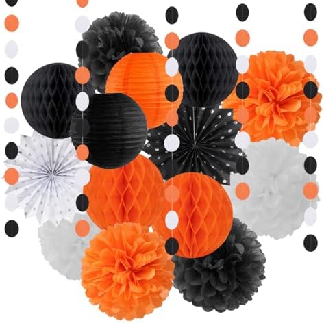 Black Orange White Halloween Party-Decorations - Paper Lanterns Fan,Tissue Flower Pom Poms Streamers,Honeycomb Balls,Graduation 2025 Birthday Wedding Baby Bridal Shower Decor Lasting Surprise by LastingSurprise