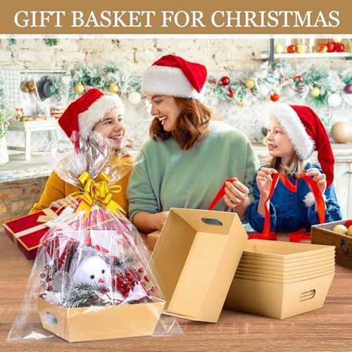 AFOROEOA 10PACK Baskets For Gifts Empty, 10 x 8”Thick Kraft Gift Basket with 10 Clear Gift Bags and 10 Pull Bows, Empty Gift Baskets for Christmas, Thanksgiving Wedding Birthday Party Wrapping Gift - Image 7