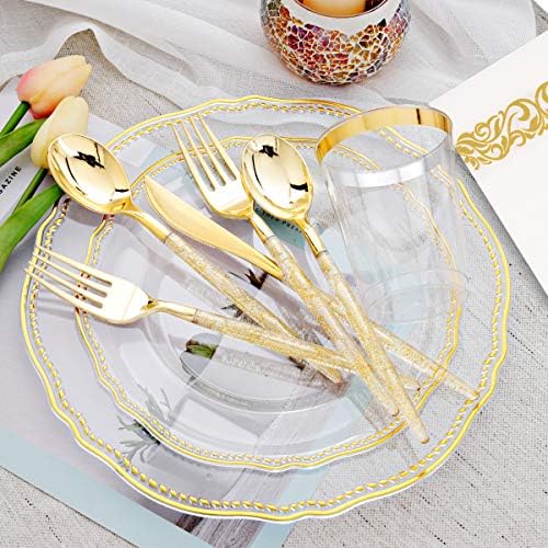 Hioasis 175 Pcs Clear Gold Plastic Plates, Serves 25, for Wedding & Party - Image 4