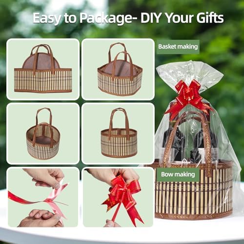 3-Pack Woven Bamboo Gift Baskets with Handles - Baby Shower & Birthday Party Storage - Empty Baskets with 3 Cellophane Bags & Gift Cards (Brown, 9.8×9.8×5.9 IN) - Image 4