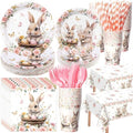 452 Pcs Bunny Birthday Party Decorations for 50 Guests, Pink Floral Bunny Paper Plates and Napkins Cups Cutlery Rabbit Disposable Tableware Set for Spring Baby Shower Birthday Supplies by Funnymoom