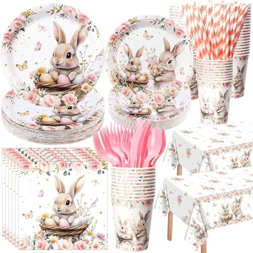 452 Pcs Bunny Birthday Party Decorations for 50 Guests, Pink Floral Bunny Paper Plates and Napkins Cups Cutlery Rabbit Disposable Tableware Set for Spring Baby Shower Birthday Supplies by Funnymoom
