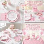 194 Pcs Pink Bow Birthday Decorations (Serves 24), Plates Napkins Cups Knifes Forks Hanging Swirls Cake & Cupcake Toppers, Banner Tablecloth Balloons Centerpieces for Girls Bachelorette Party Decor - Image 5