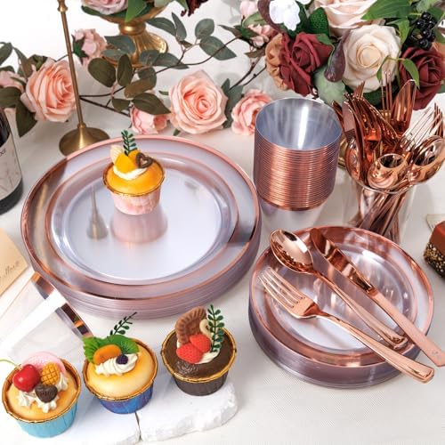 bUCLA 600PCS Clear Rose Gold Plastic Dinnerware Set Disposable - Include 100 Dinner Plates, 100 Dessert Plates, 100 Knives, 100 Forks, 100 Spoons, 100 Cups for Party & Wedding - Image 6