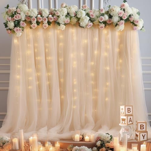 20x8ft Champagne Tulle Backdrop Curtain with Lights String for Parites, Sheer Backdrop Curtains for Wedding Baby Shower Birthday Party Photo Shoot Decorations - Image 4
