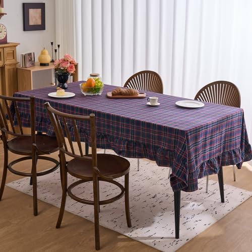 vctops Christmas Navy Plaid Ruffle Table Cloth, Farmhouse Cotton Linen Tablecloth, Washable Table Cover for Rectangle Table Baby Shower Kitchen Party Wedding Decor (Navy,55"x94") - Image 3