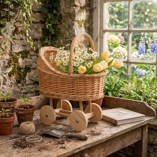 Vintage Wicker Baby Carriage Decor，Woven Rattan Stroller Flower Basket Cart for Wedding Centerpieces, Baby Shower Party Supplies & Nursery Floral Arrangement Props Floral Rustic Home Decor - Image 4