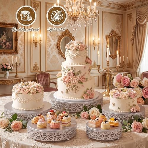 Wenqik 5 Pcs Metal Silver Cake Stand,16/14/12/10/8 in Round Cake Holder - Image 4