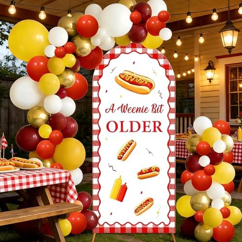 ZestZing Hot Dog Birthday Party Decorations Arch Backdrop Covers and Balloon Garland Arch Kit, A Weenie Bit Older BBQ Cookout Theme Photography Background for Women Girls Birthday Party Decor Supplies - Image 3