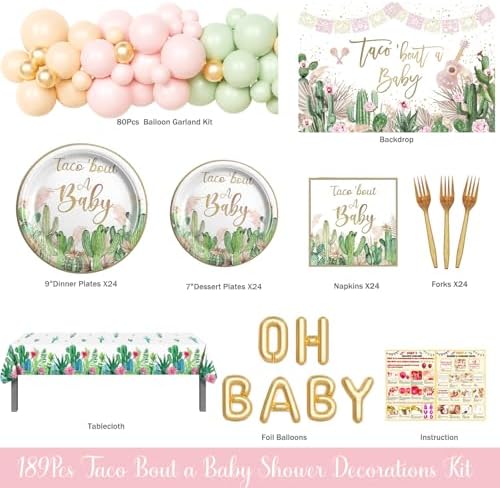Hombae Taco Bout A Baby Decorations, Fiesta Baby Shower Supplies, Pastel Mexican Themed Backdrop Balloon Tablecloth Tableware Set with Plates Napkins Forks for Taco Cactus Party Supplies - Image 2