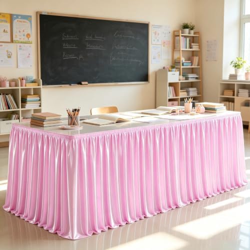 21ft Length Pink Satin Table Skirt Rectangle Tables-Wrinkle Resistant Ruffle Table Skirting Glitter Teacher Desk Cover Skirt for School Classroom Dorm Girls Birthday Party Cake Dessert Decorations - Image 2