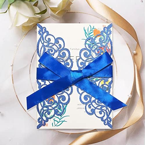 50Pcs Laser Cut Blue Wedding Invitation With Glitter Envelopes And Ribbons Blank Personalized Card Invitaciones Para quinceañera Birthday Baby Shower Christmas Party Bridal Shower - Image 3