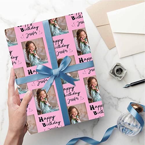 MyPupSocks Personalized Photo Wrapping Paper, Happy Birthday with Name Photo Pink Custom Gift Wrapping Paper with Picture for Teens Women Men Mom Dad Birthday Wedding Anniversary 58x23 3 Rolls - Image 5
