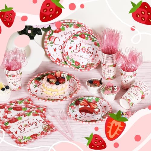 350 Strawberry Baby Shower Decorations for 50 Guests A Berry Sweet Baby is On The Way Party Supplies for Girls Disposable Dinnerware Set Paper Plates Napkins Cups - Image 5